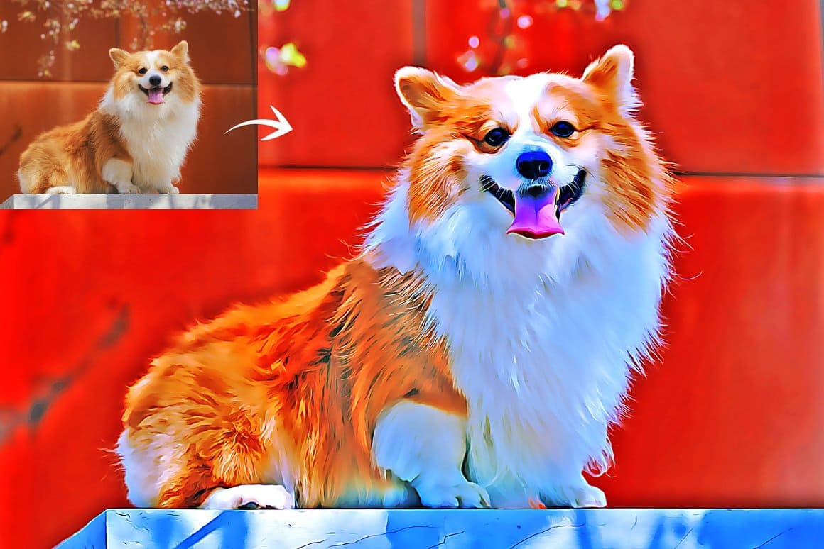 Image of a corgi dog with the effect of Digital painting Photoshop action.