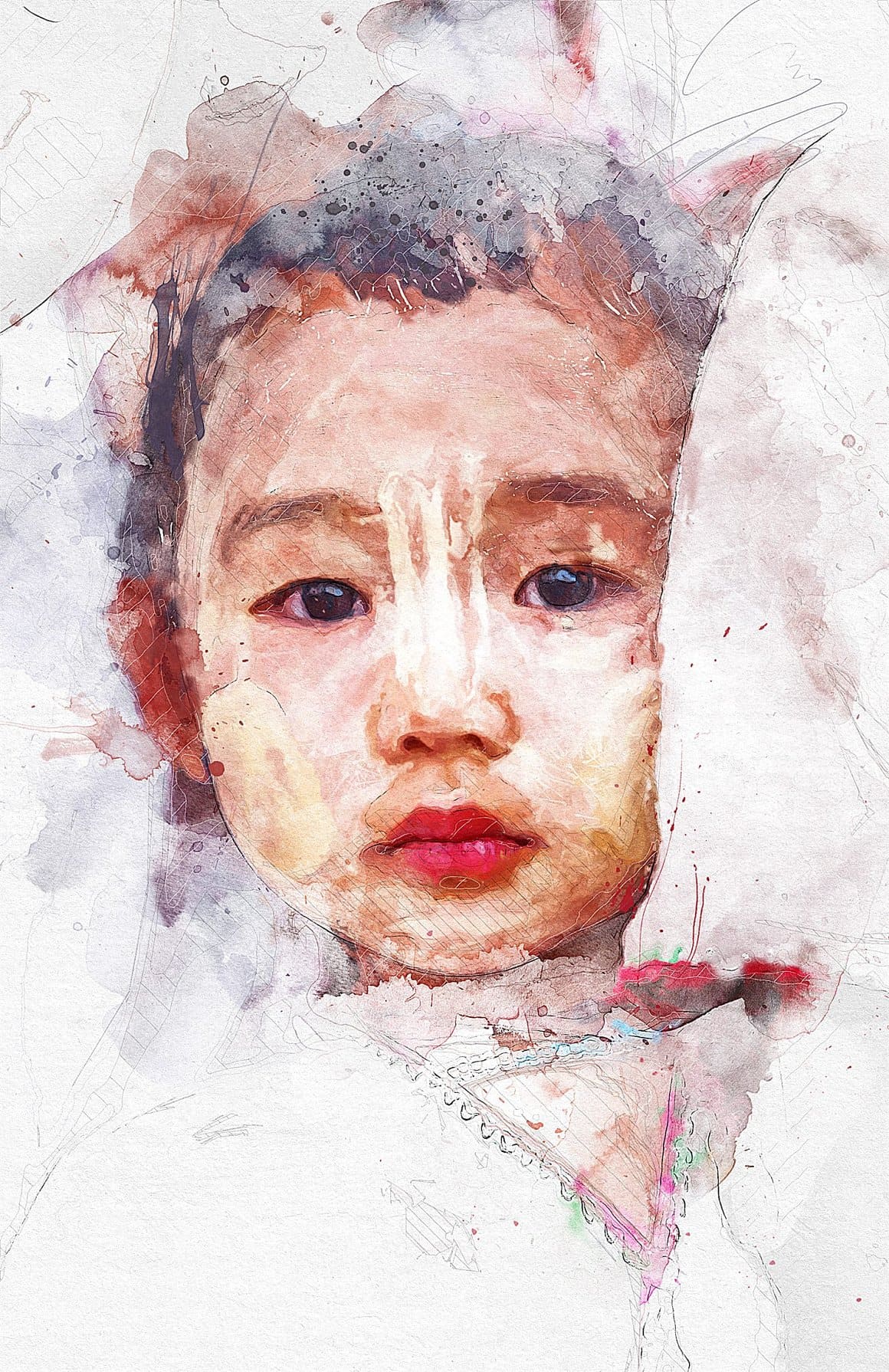 Watercolor image of a girl with dark eyes and pink lips.