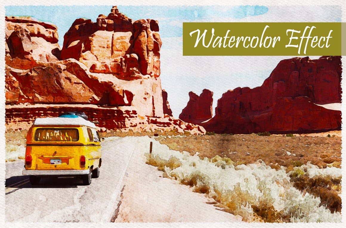 A yellow bus in the middle of desert mountains is painted with watercolors in Photoshop.