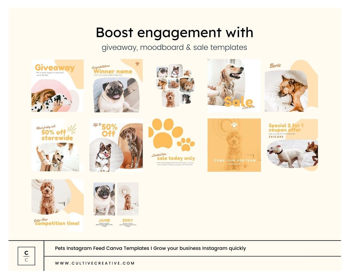 Boost engagement with giveaway, moodboard and sale templates.