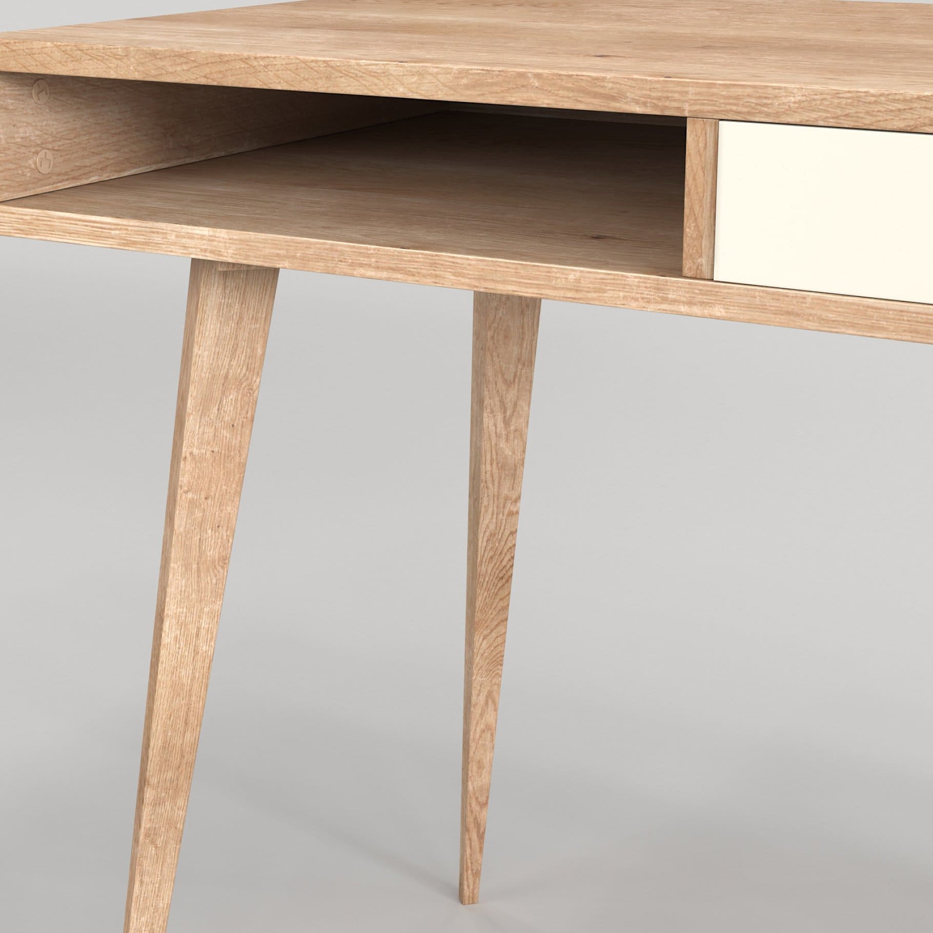 Photo of the left open shelf of a brown wooden Scandinavian desk with shelves.