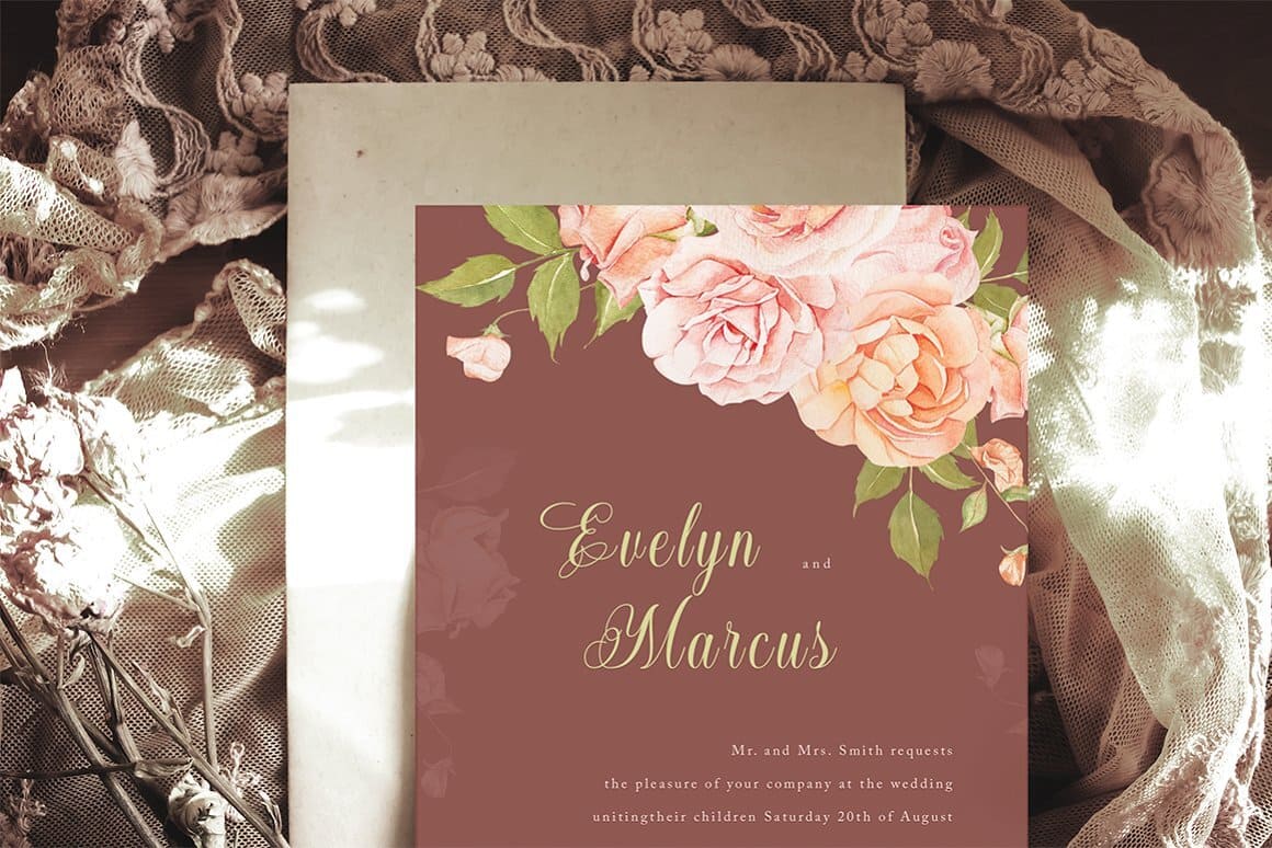 The invitation to the wedding of Evelyn and Marcus is decorated with a watercolor bouquet of roses.