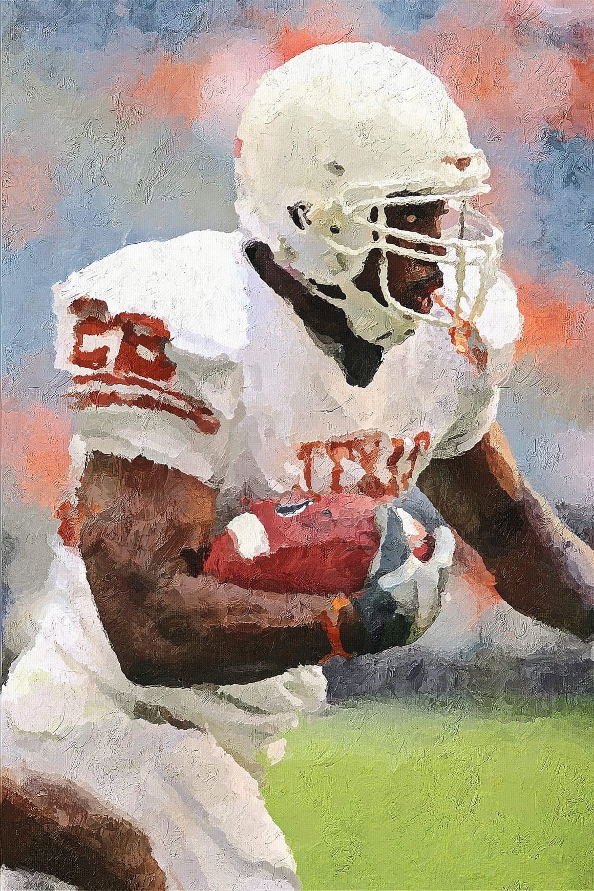 The image of a football player in a white uniform is reworked in Palette Knife Photoshop Action.