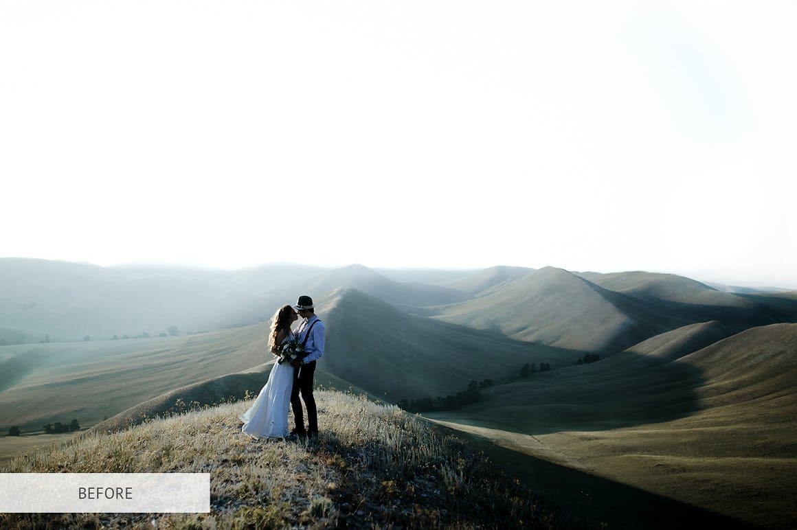A pale image of a bride and groom standing on a mountain.