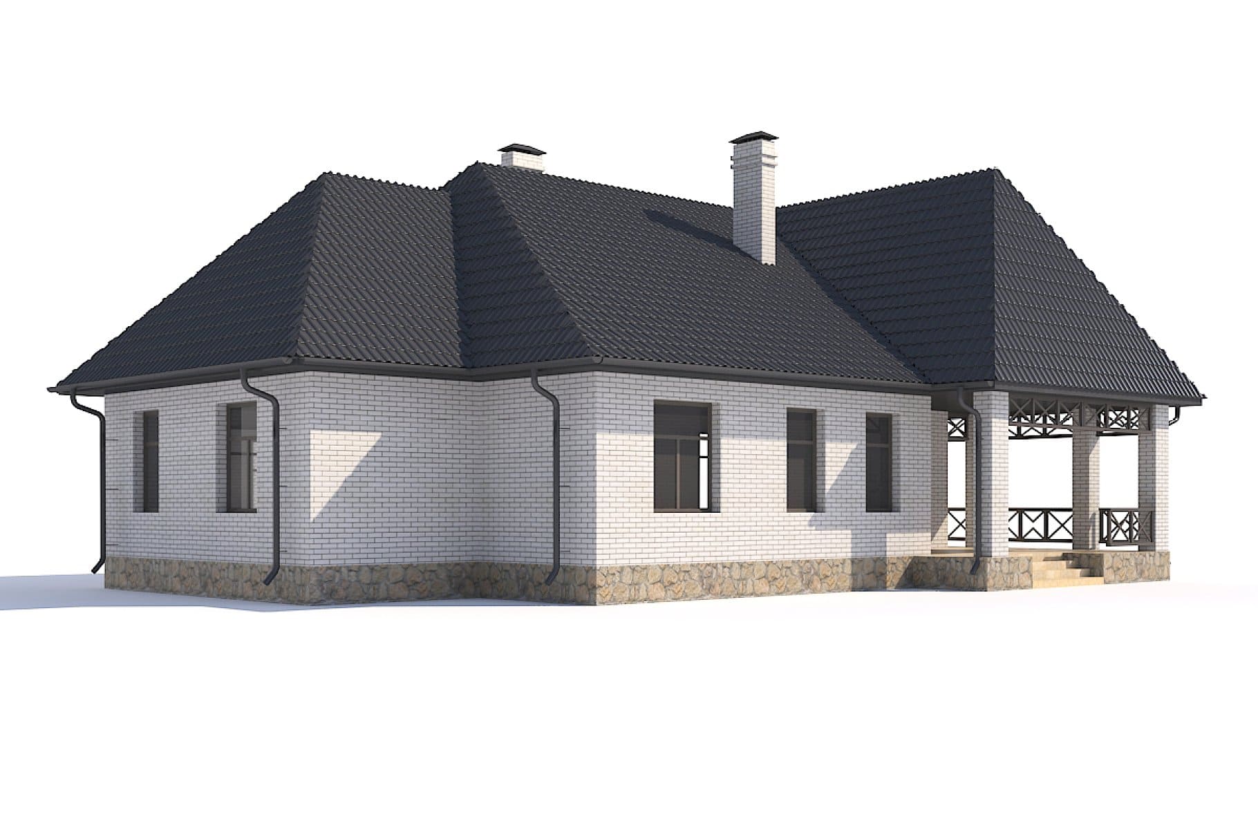 On a white background, a 3D model of a house made of white silicate brick.