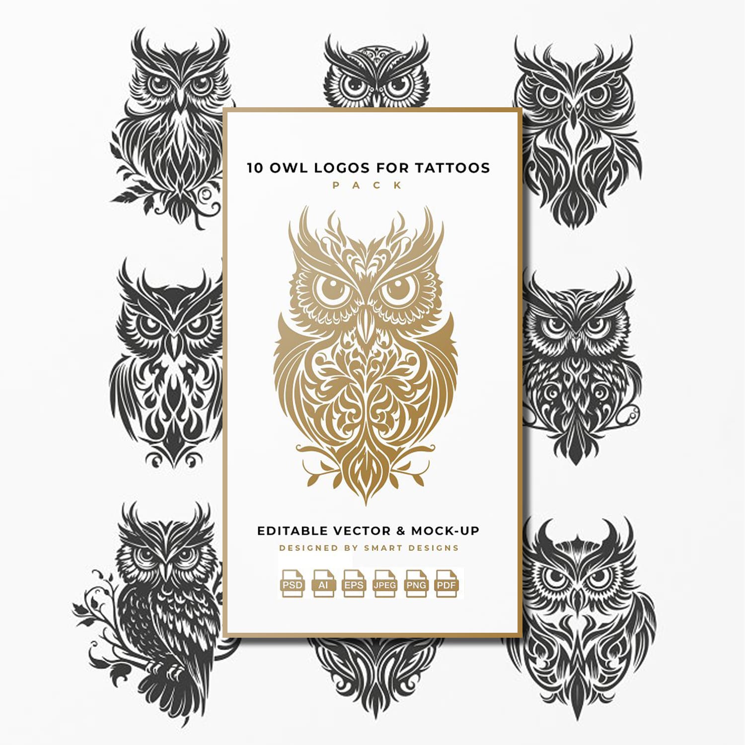 Images of decorative owls for tattoos for every taste.