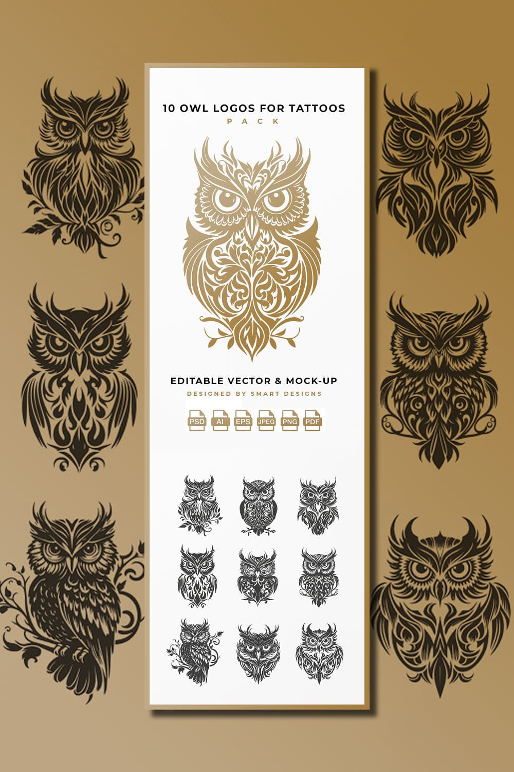 10 images of owls in beige and black color for tattoos.