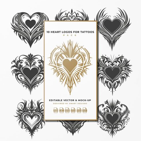 Images of hearts for tattoo with decorative elements.