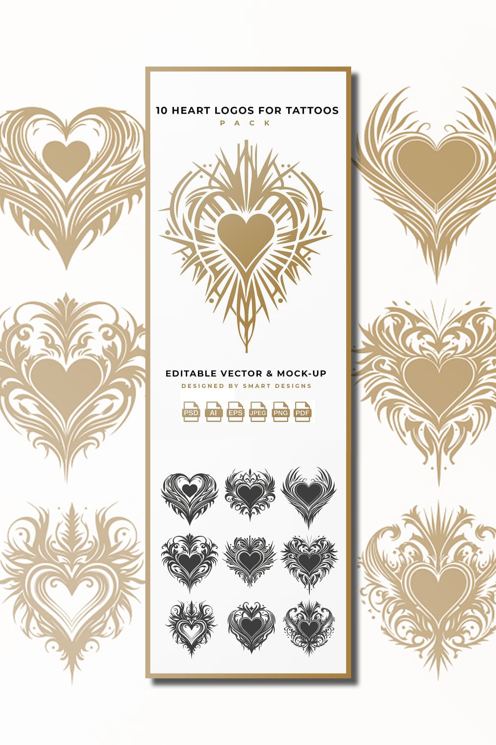 Golden and black Heart Logos for Tattoos Pack.