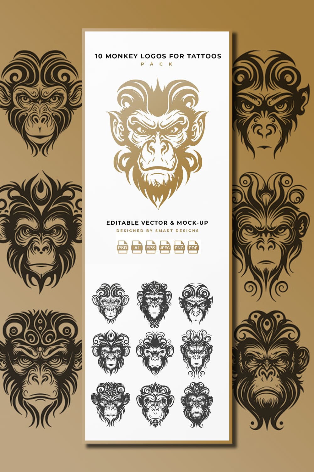 10 monkey logos for tattoos pack editable vector and mock up.