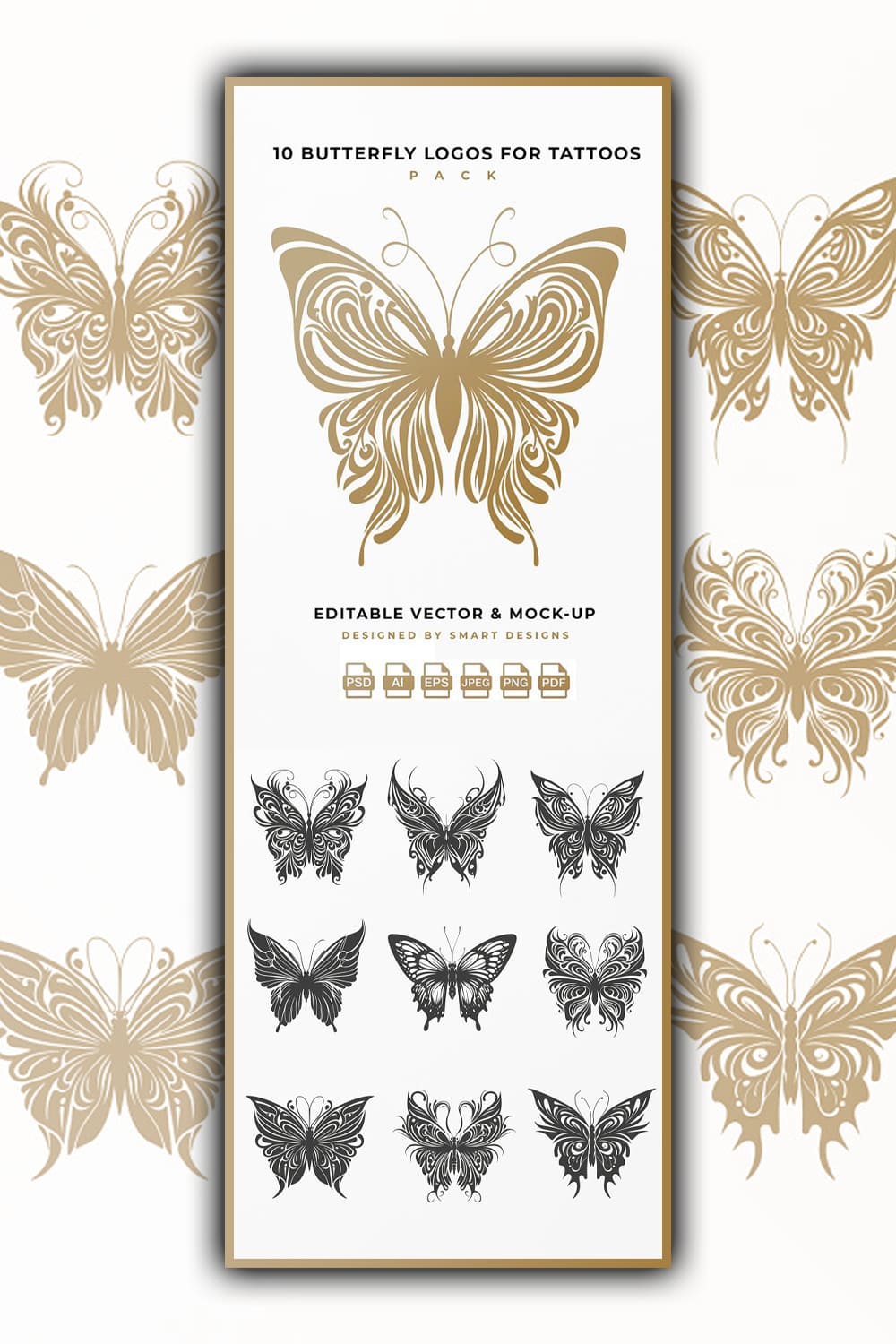 Butterflies are drawn with wavy lines in beige and black.