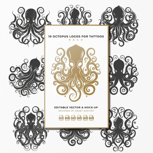 10 Octopus logos for tattoos pack editable vector and mock up.