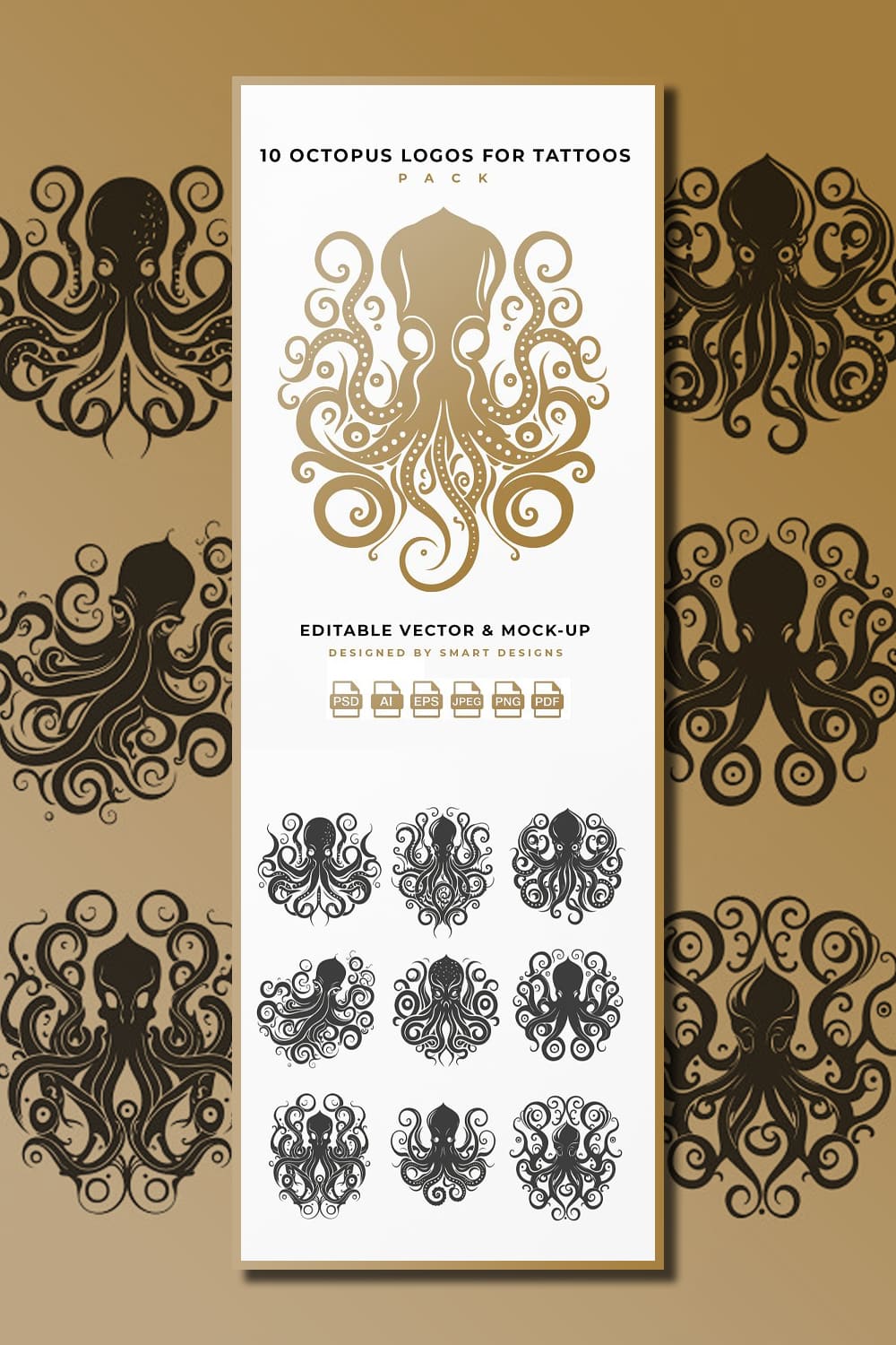 10 Octopus logos with small and large tentacles.