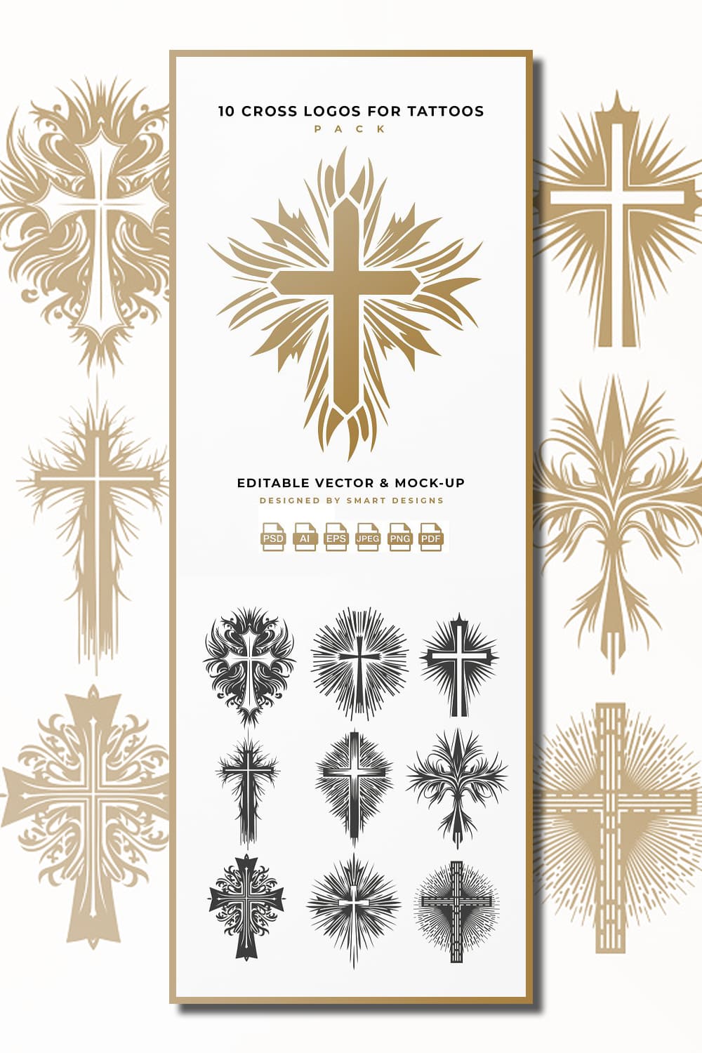 Black and gold crosses are depicted on a white background.