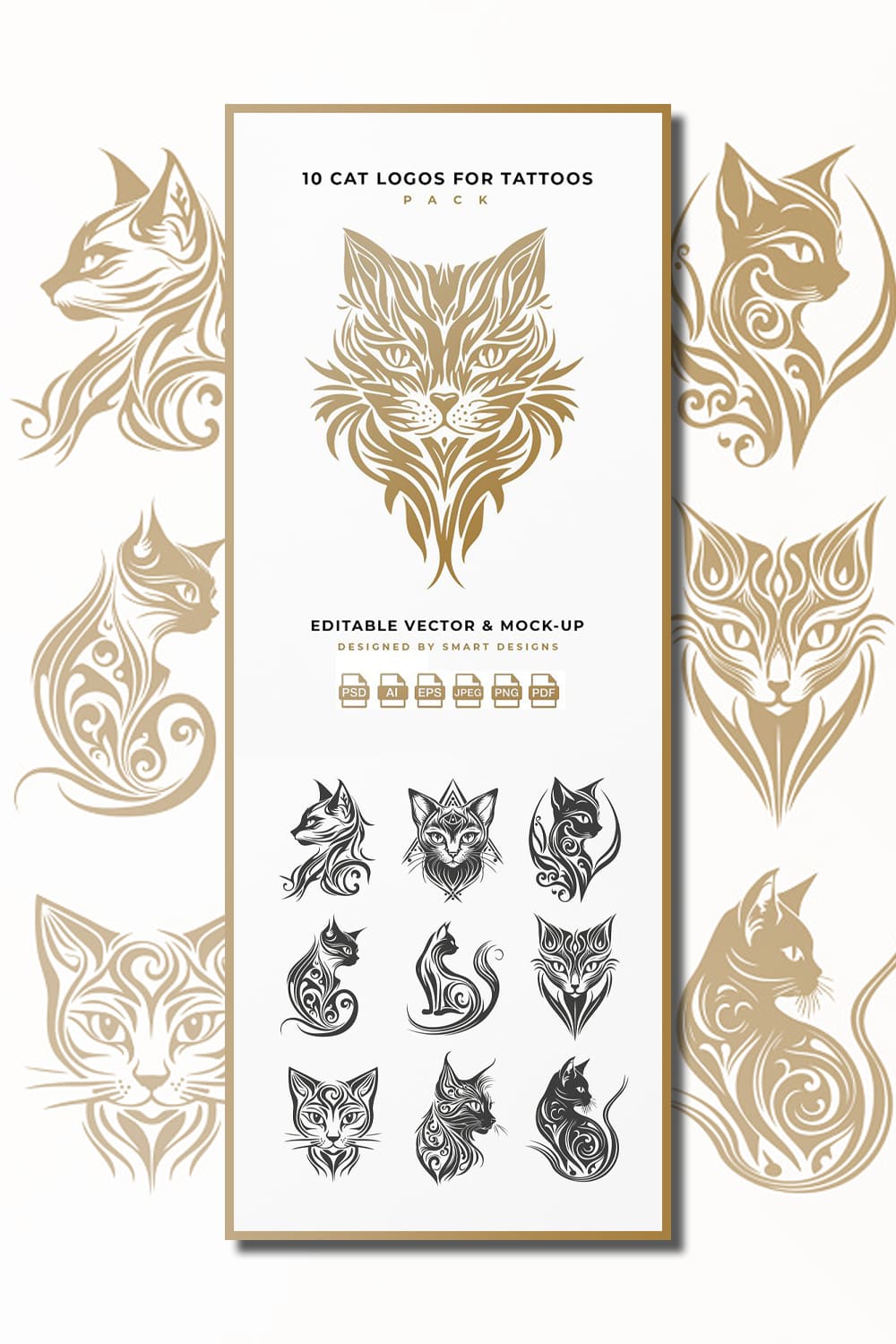 10 cat logos for tattoos pack editable vector and mock-up.
