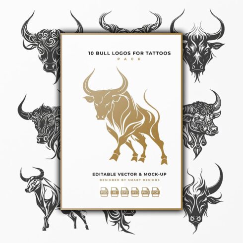 Ten bull logos editable vector and mock-up.