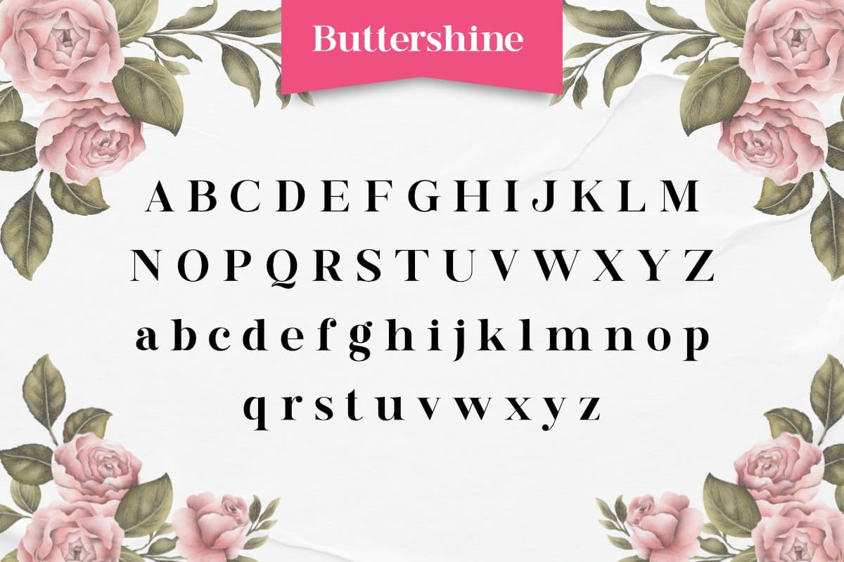 Buttershine block alphabet on a background of pink roses.