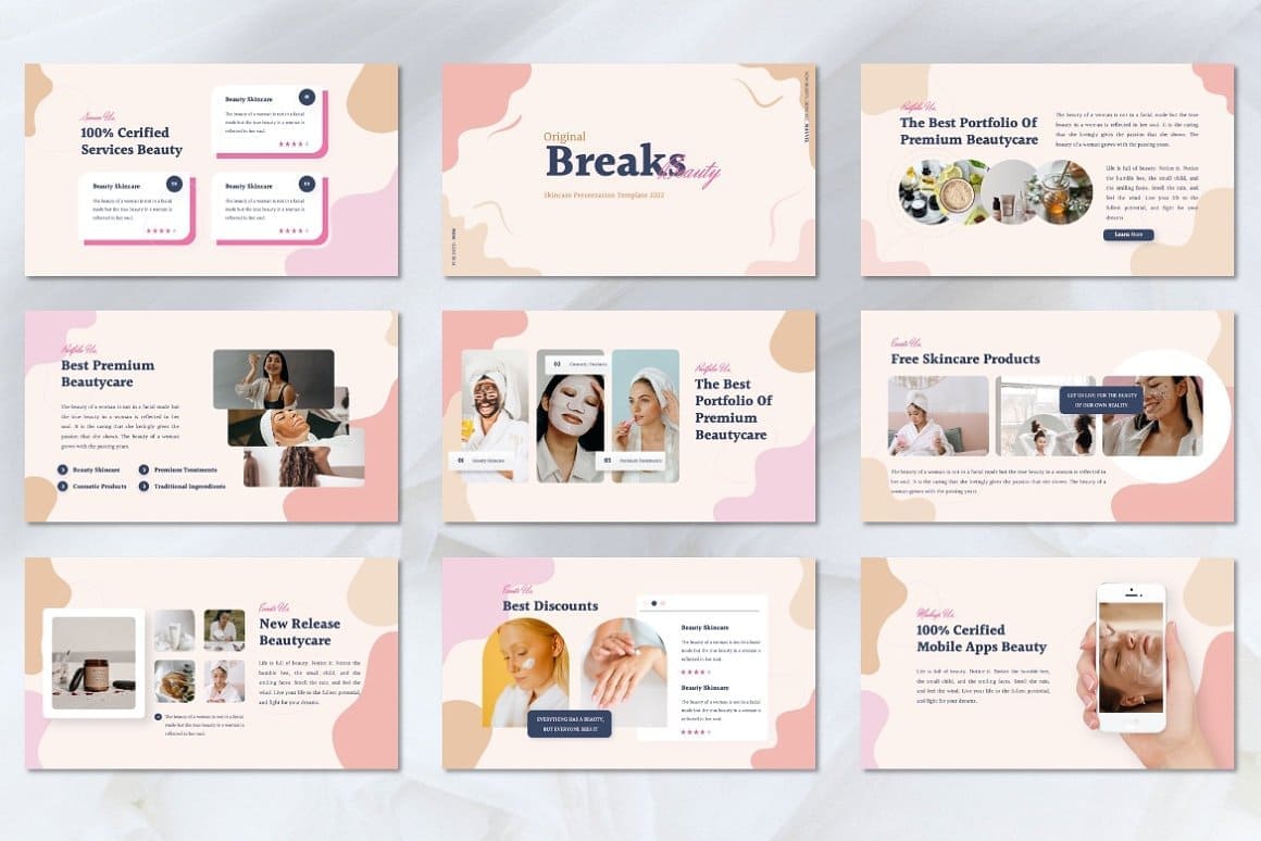 Mayvel beauty product presentation template on the blue, pink and beige backgrounds.
