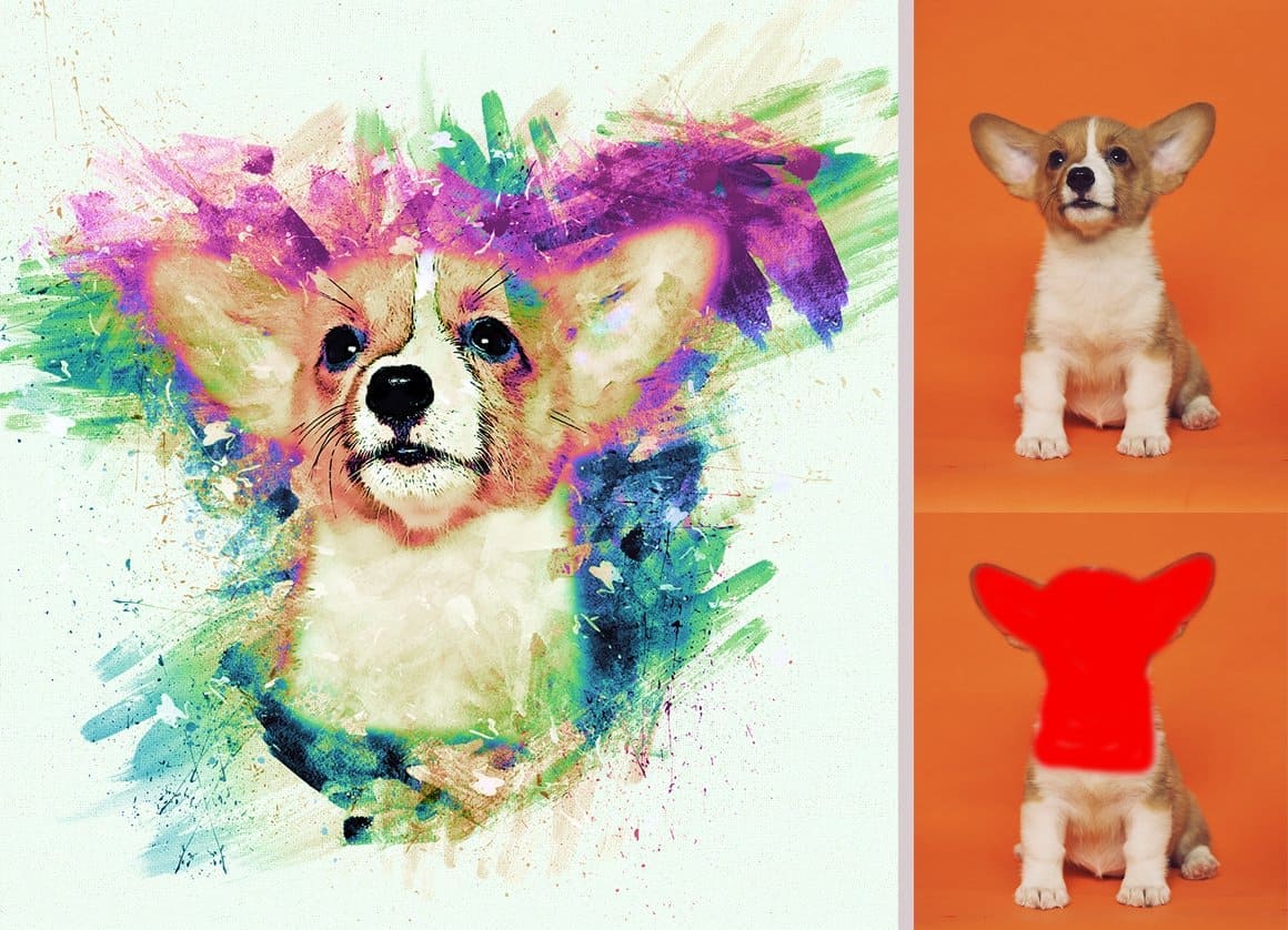 Color action portrait of a red corgi puppy painted in Photoshop using brushes.