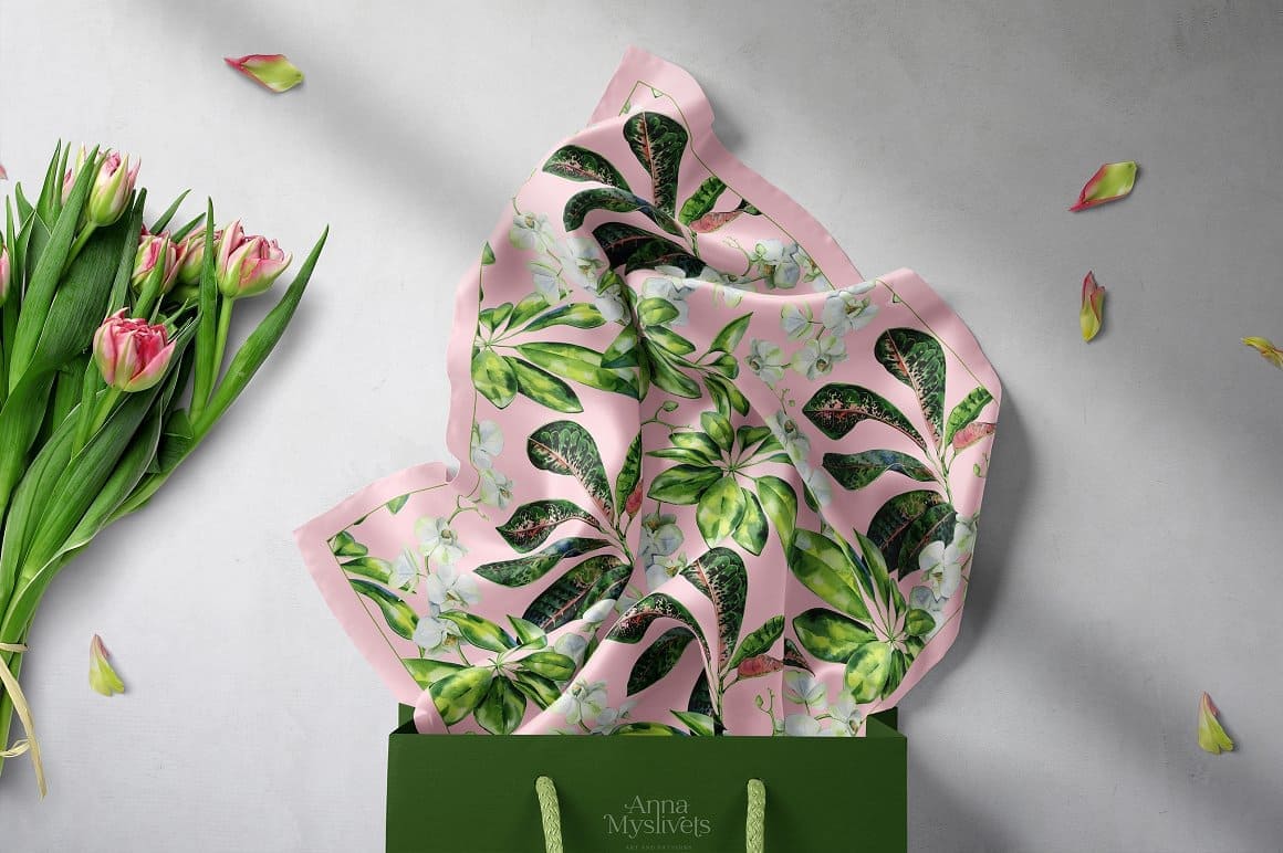 Rainforest, Pink scarf with green leaves of flowers.
