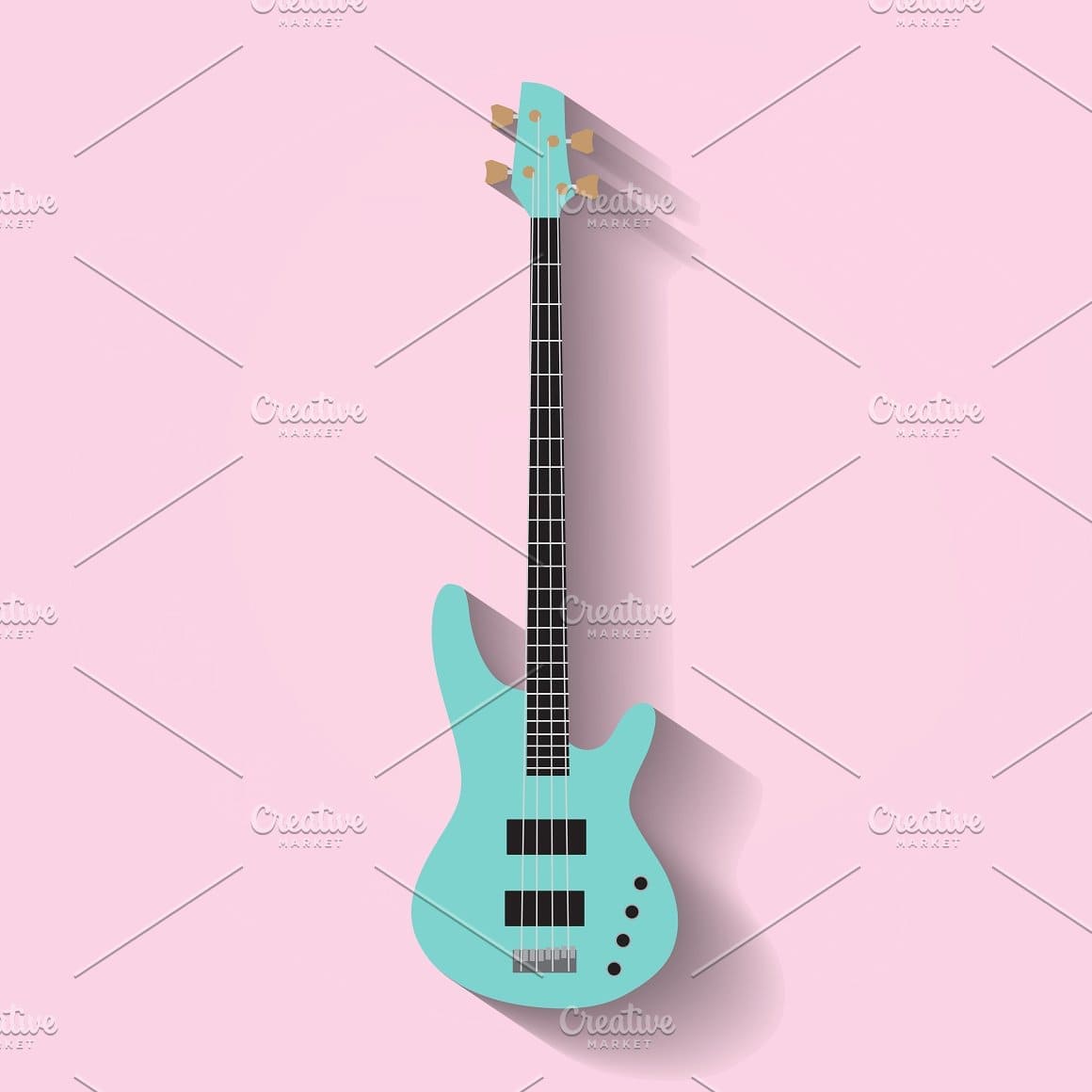 Turquoise electric guitar on a purple background.