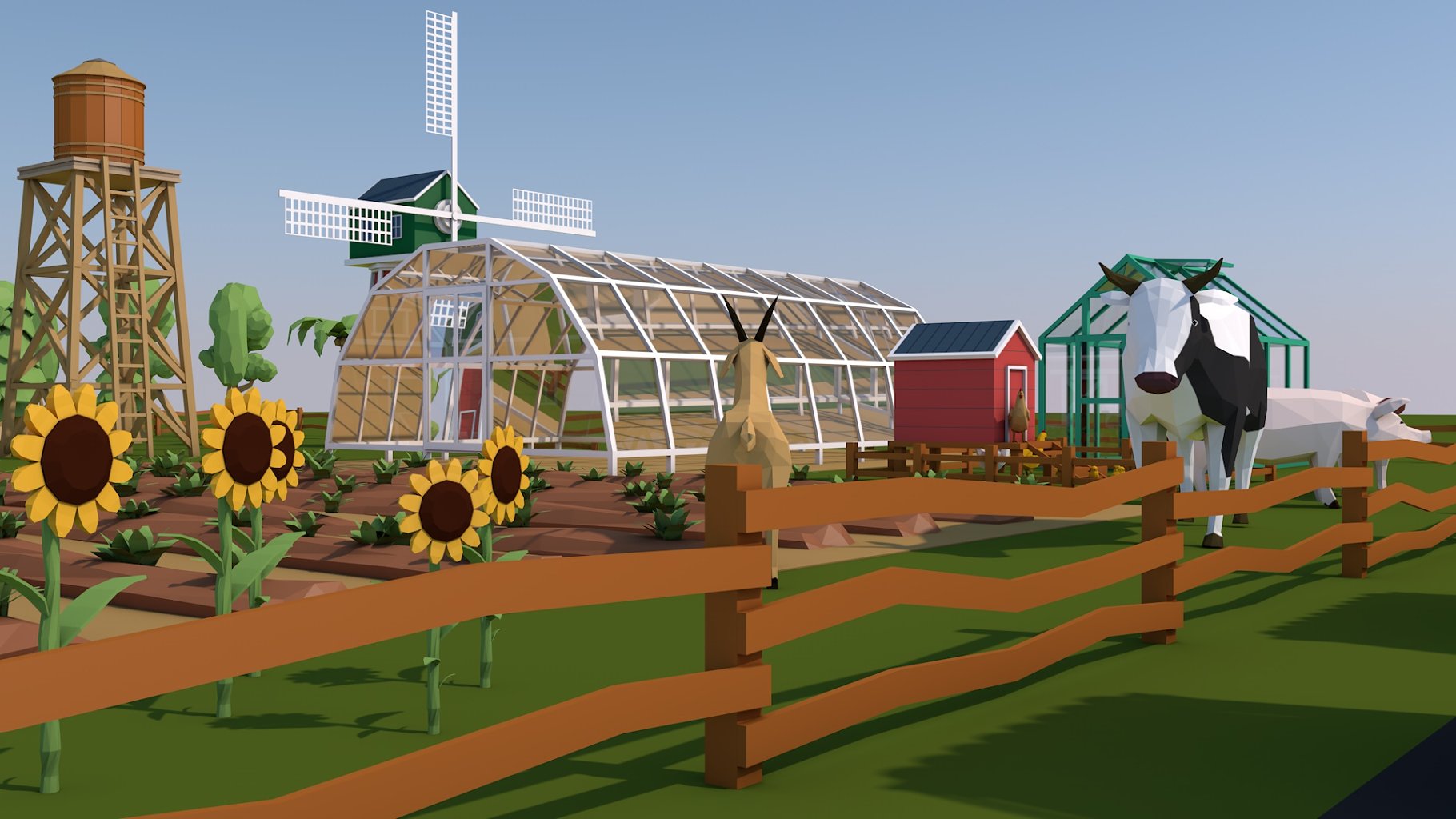 A wooden greenhouse and a windmill.