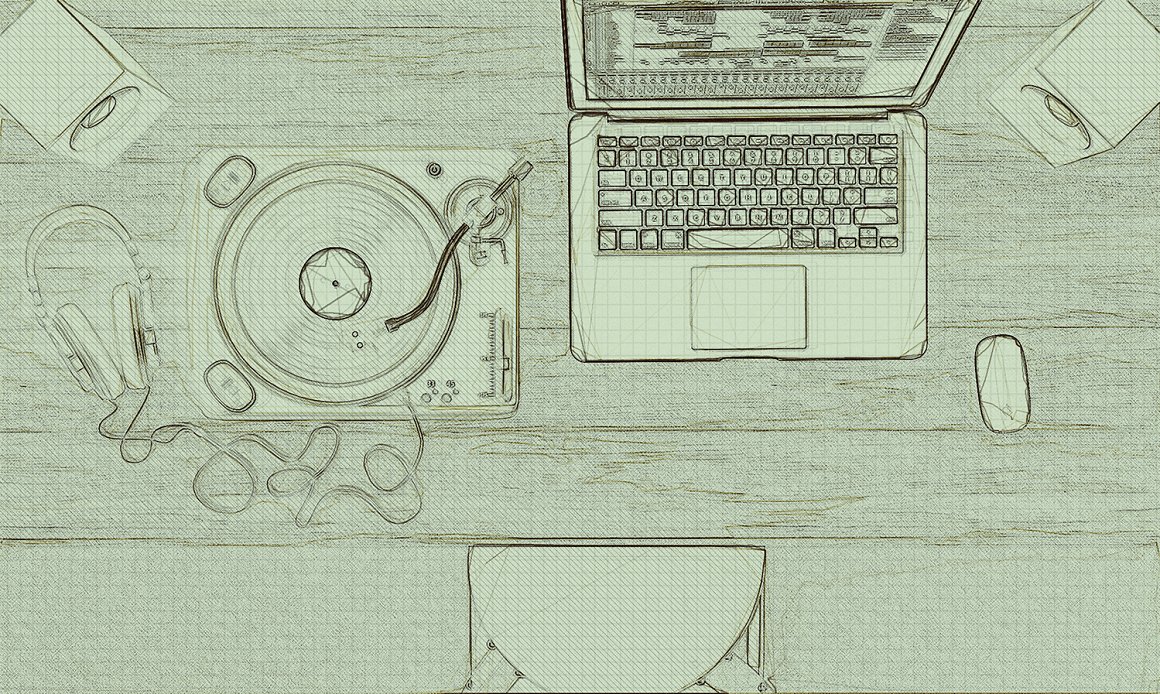 Vinyl record player and computer.
