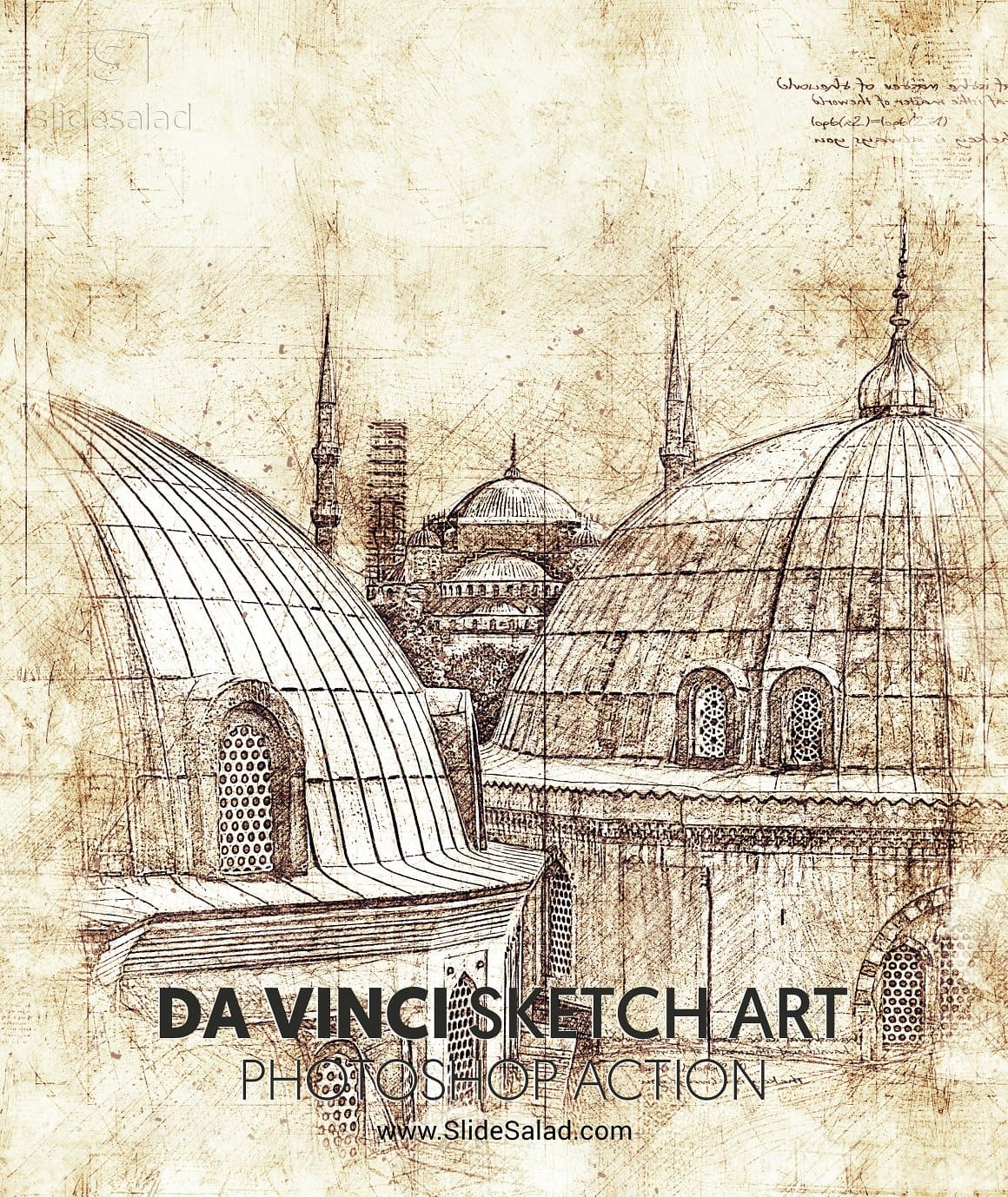 Image of architectural structures using Da Vinci Sketch Art Photoshop Action.