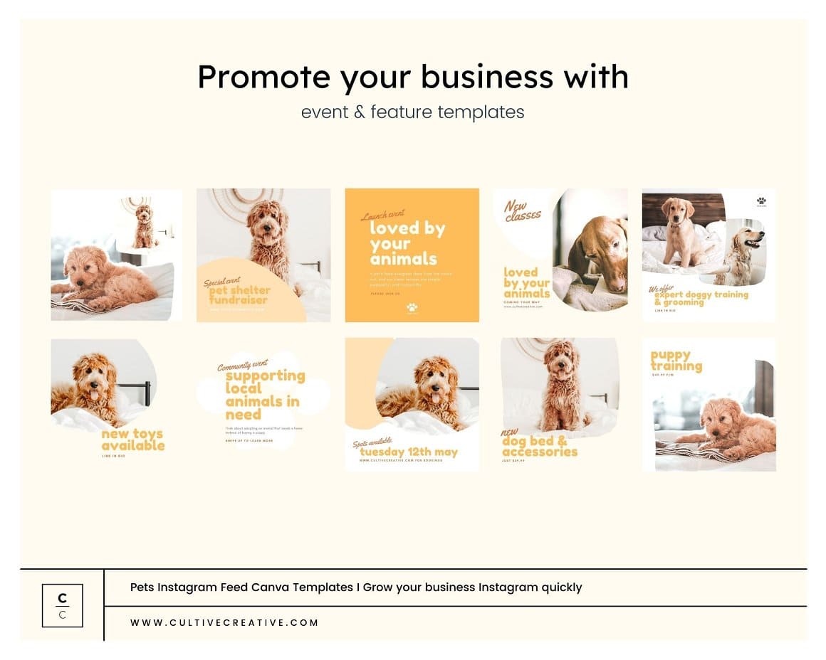 Promote your business with event and feature templates.