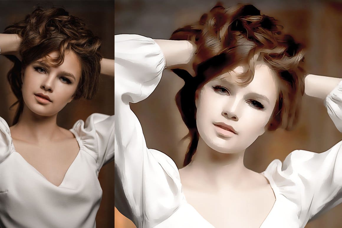 Image of a girl in a white dress with the effect of Digital painting Photoshop action.