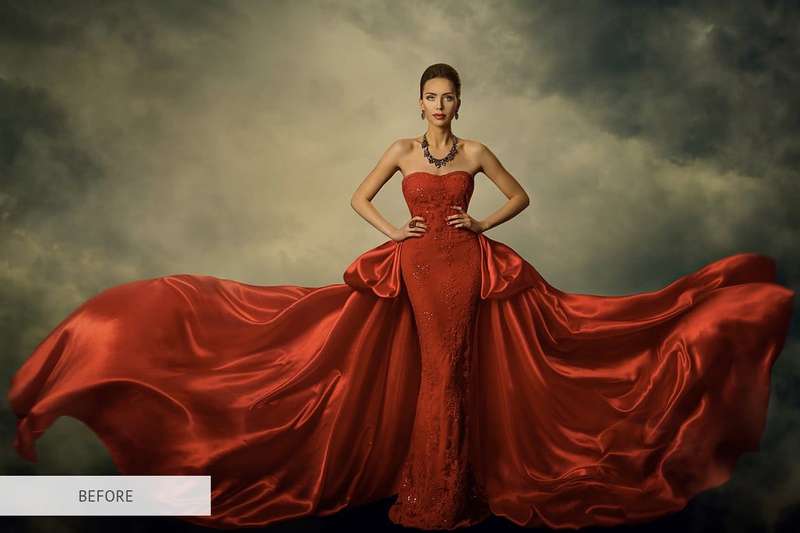 Photo of a girl in a red dress before processing.