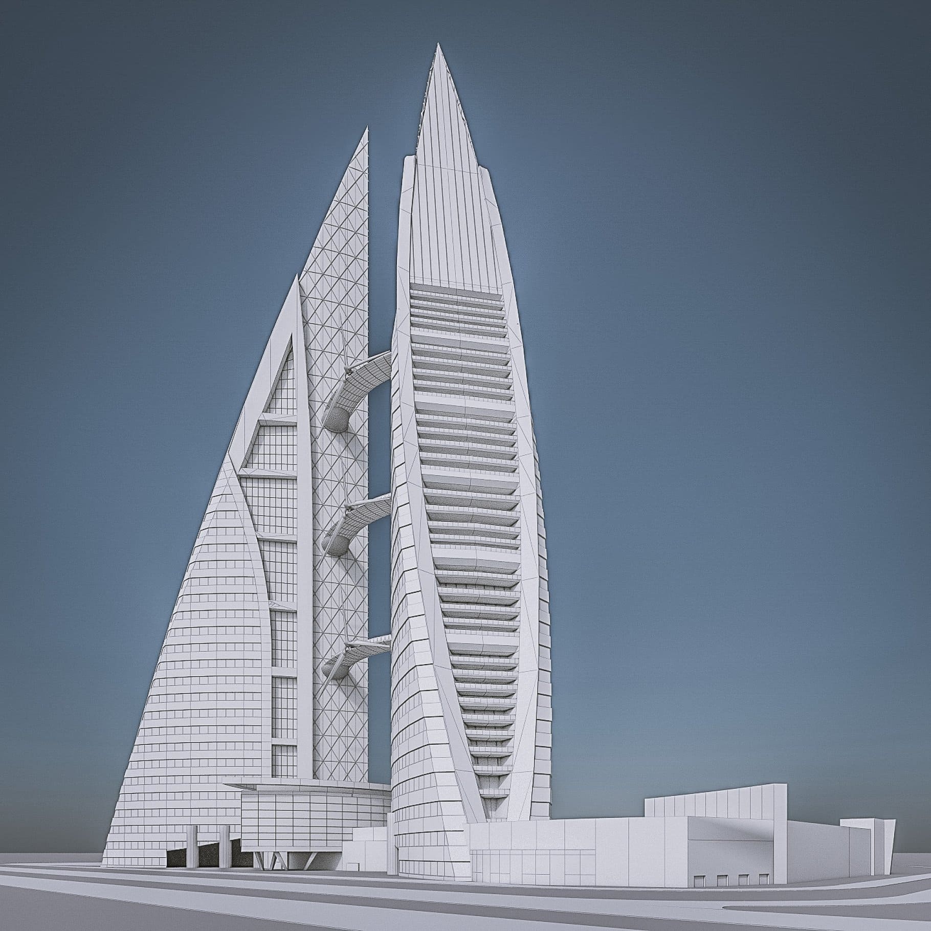 White 3D model of Bahrain World Trade Center with many small elements.