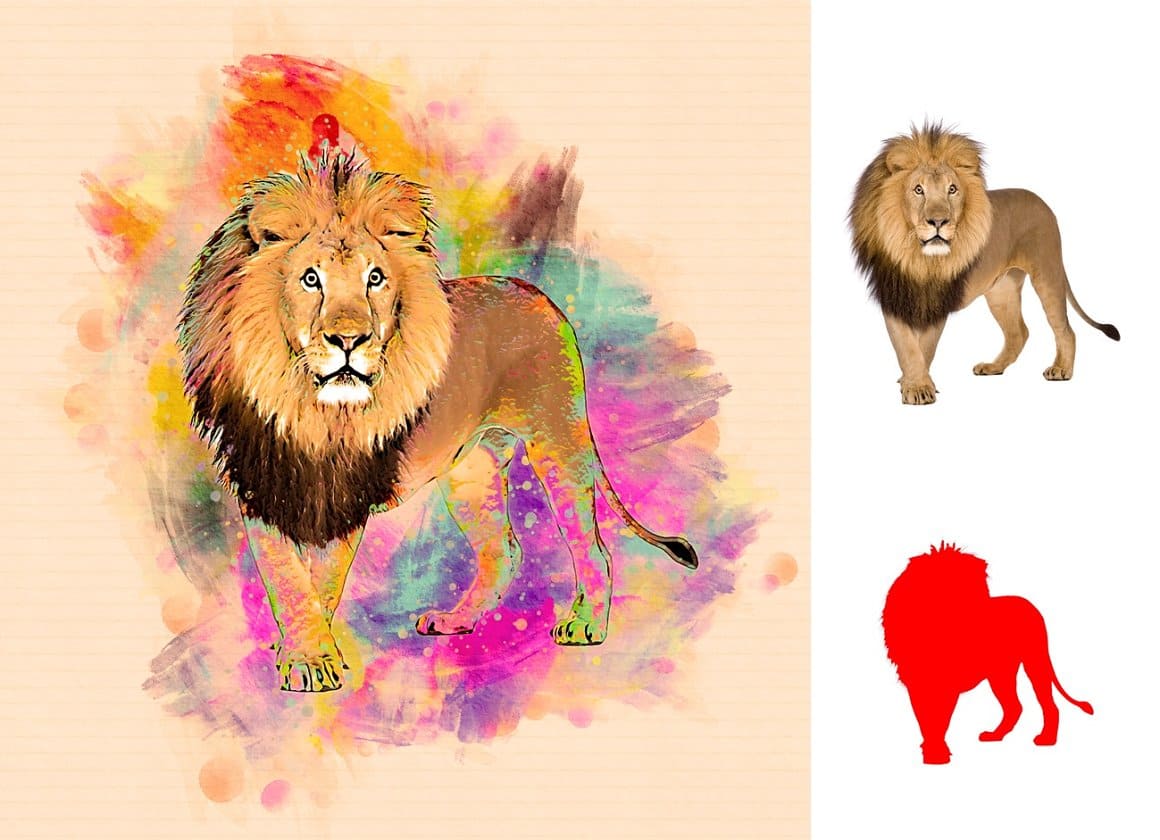 Realistic lion image processed in Pet Watercolor Art Plugin.