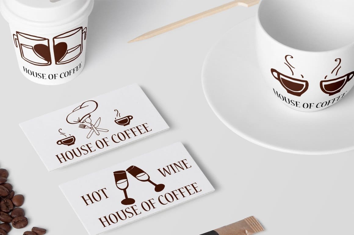 Cups, business cards, white glasses with inscriptions made in a special font.