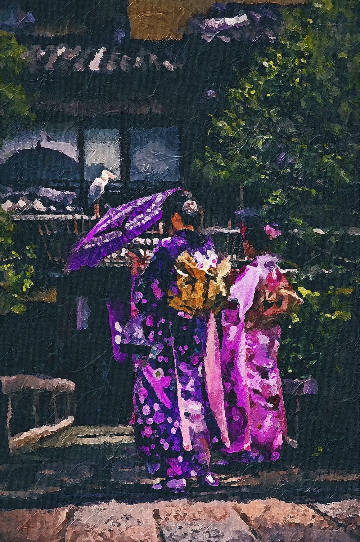 The image of a geisha in a purple and pink costume is reworked in Palette Knife Photoshop Action.