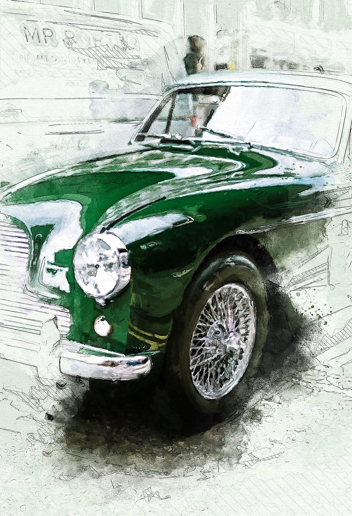A watercolor image of a green car was created in Photoshop.