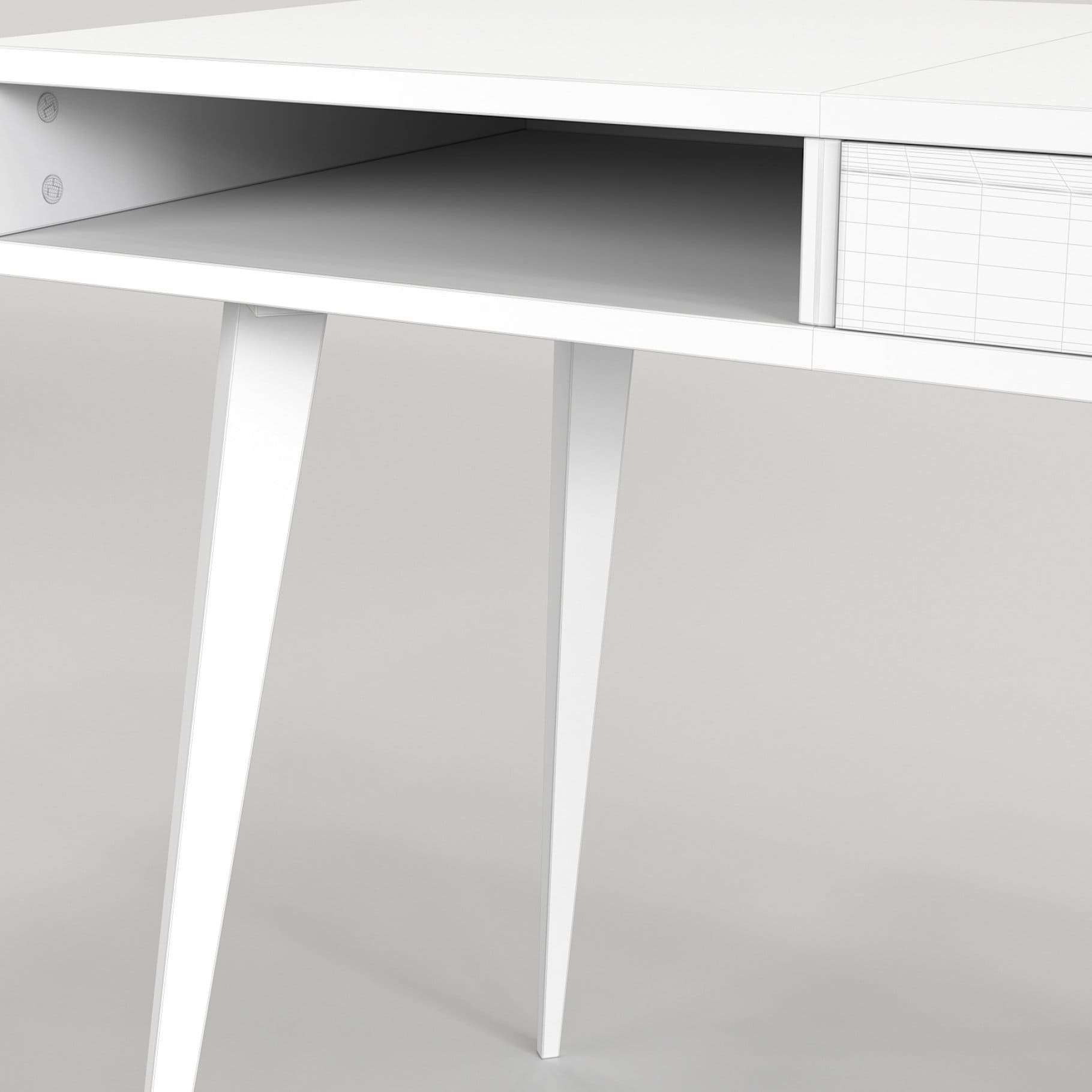 Photo of the left open shelf of the white wooden Scandinavian desk.
