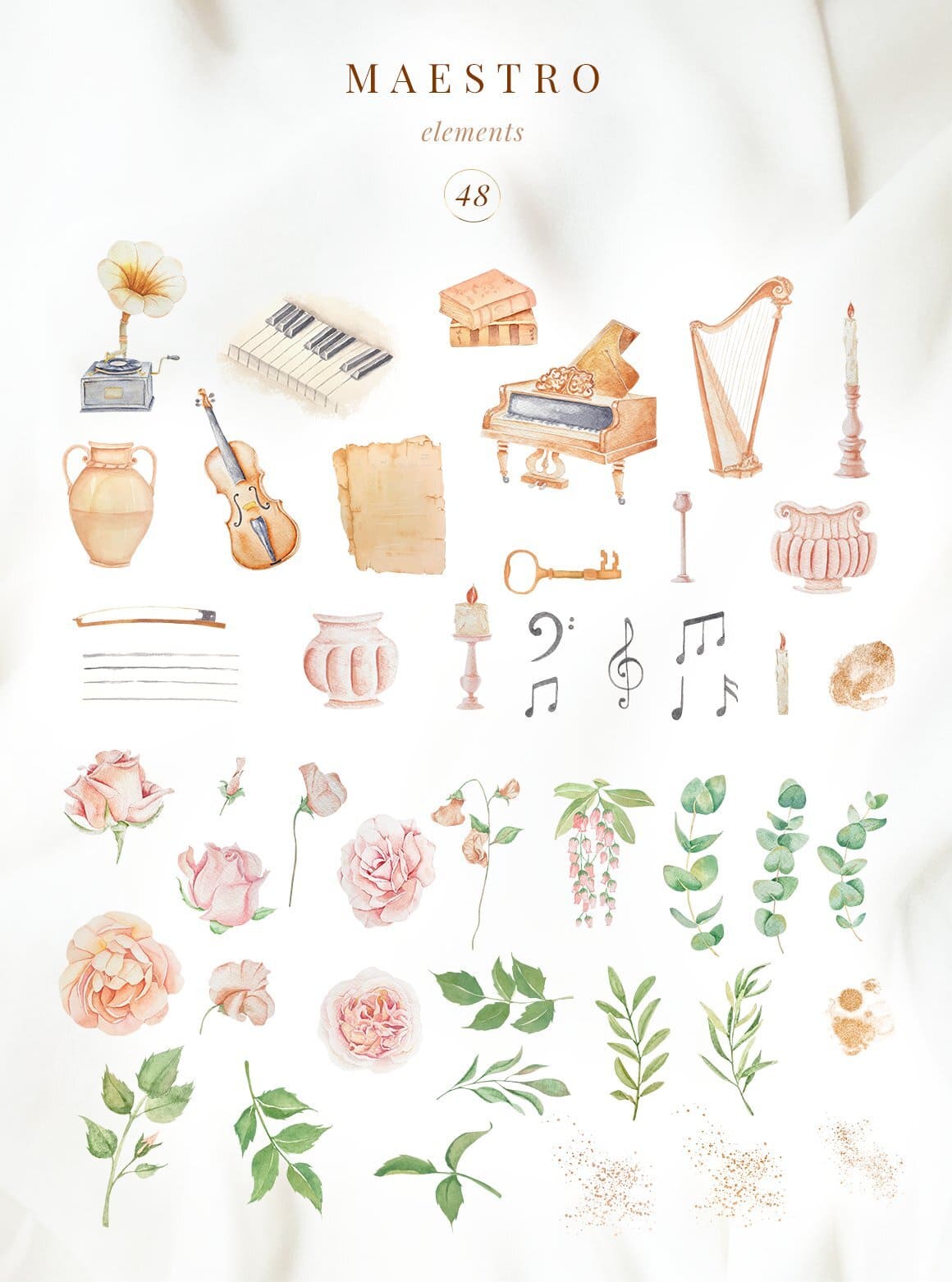 48 maestro elements from the image of musical instruments, notes, candles and flowers.