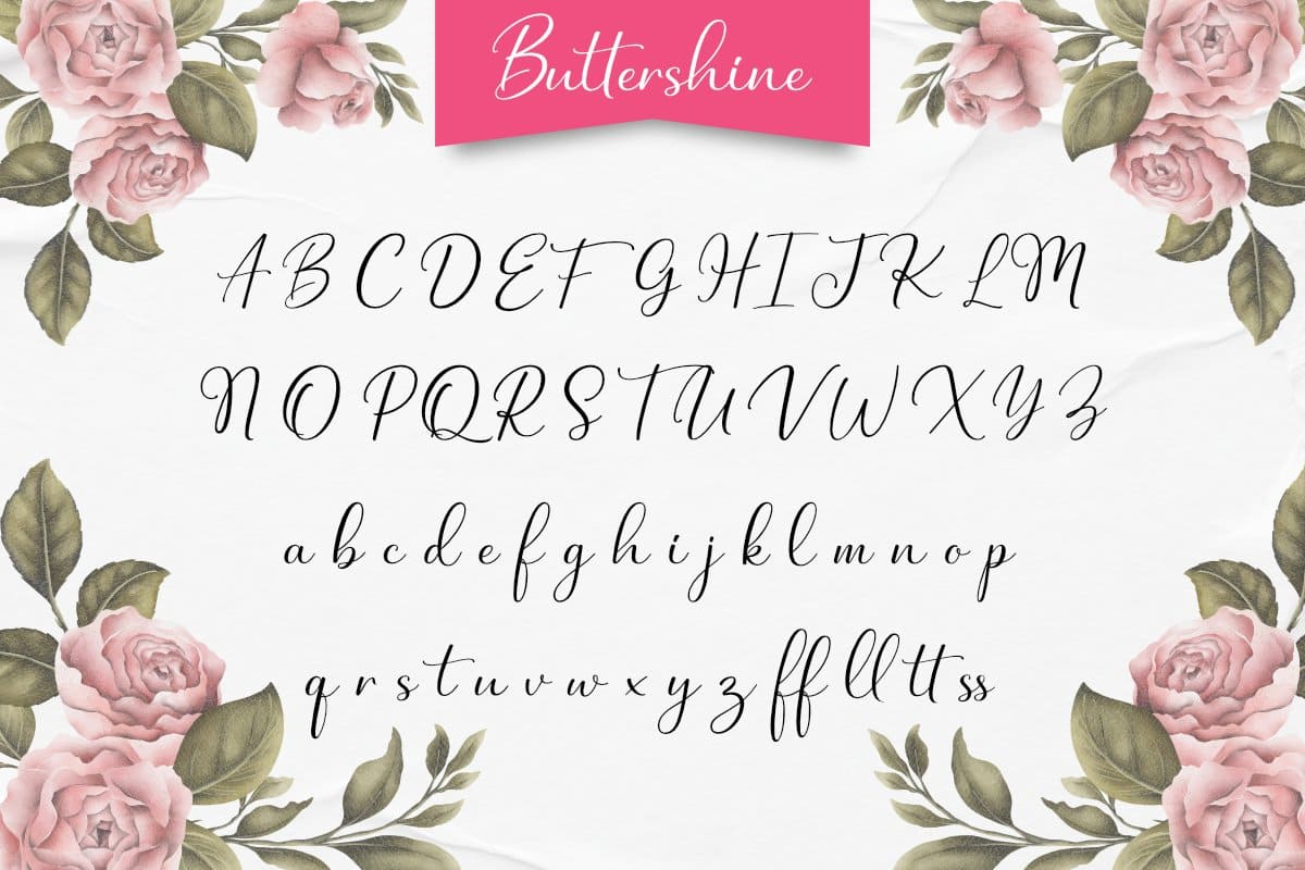 Alphabet in beautiful capital letters Buttershine on a background of pink roses.