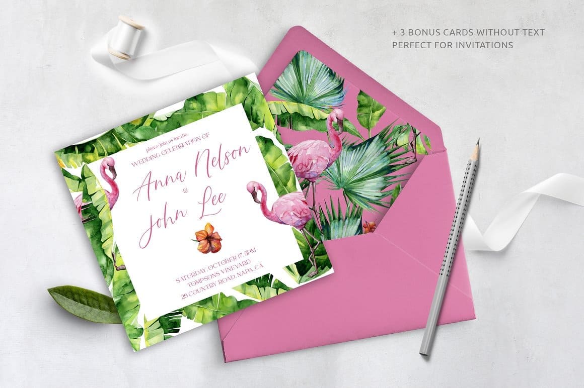 Rainforest, Invitation card with tropical leaves "Anna Nelson and John Lee" in a pink envelope.