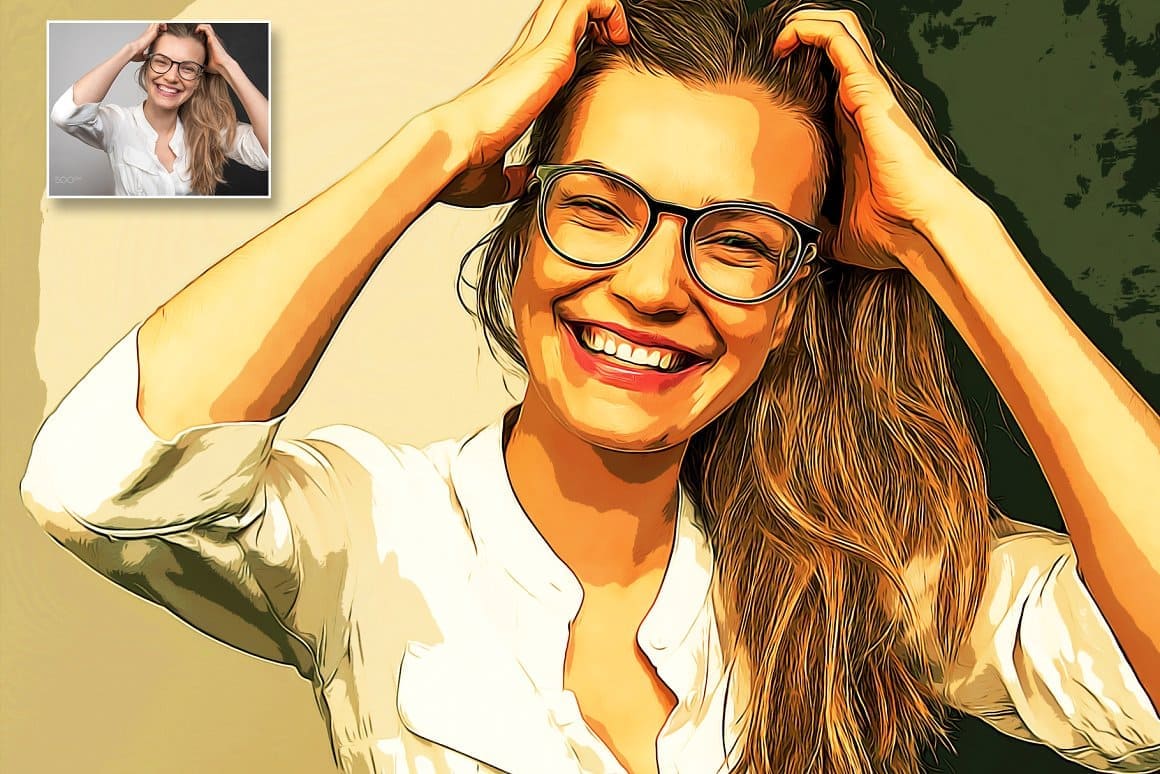 The image of a joyful girl in glasses on the photo.