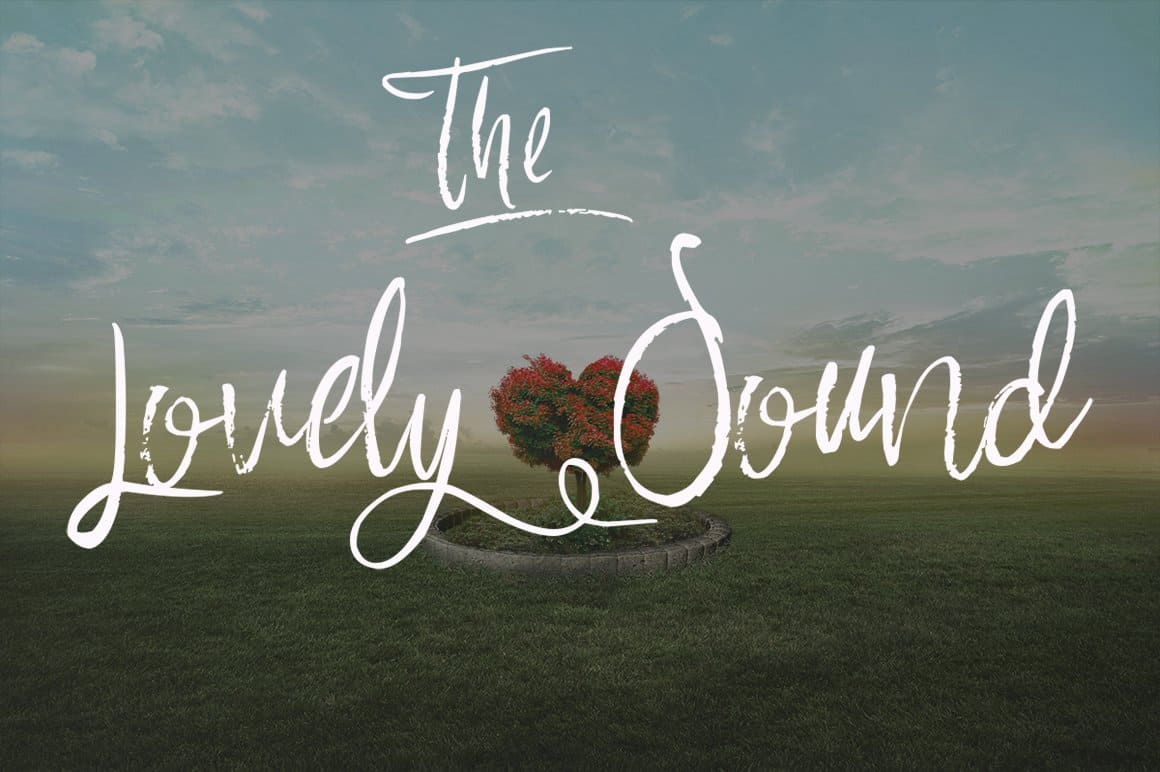 On the background of the landscape is written "The lovely sound" in Saturday font.