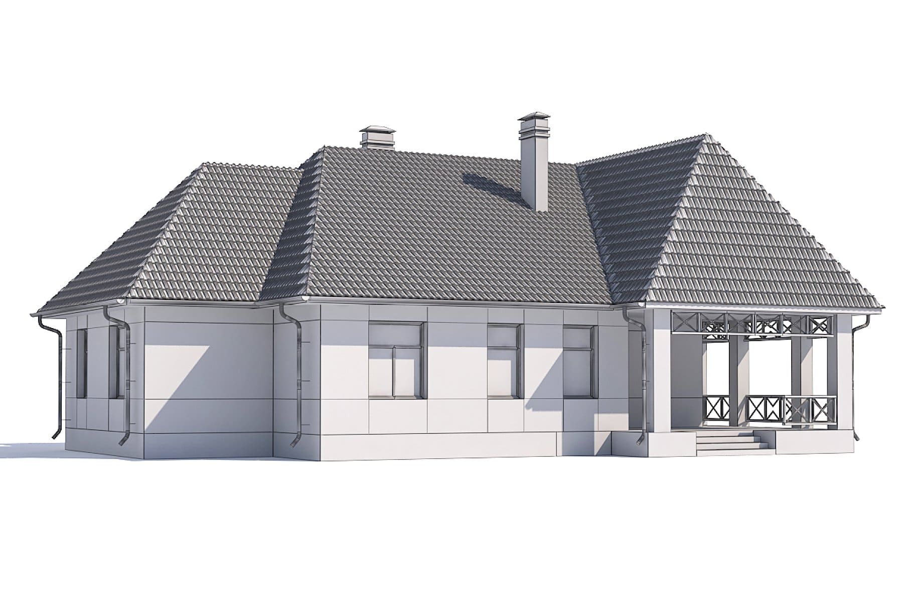 The facade of a 3D model of a one-story house.
