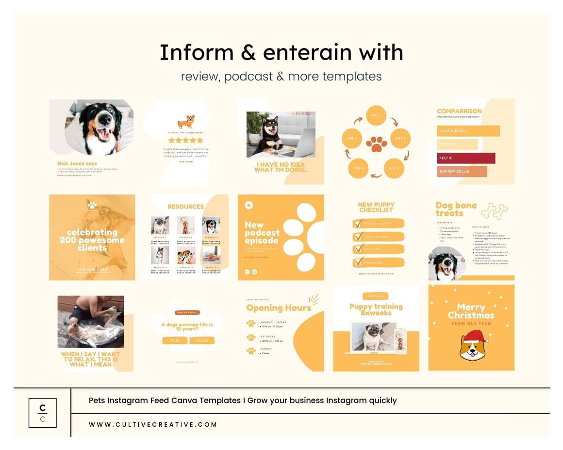 Inform and enterain with review, podcast and more templates.