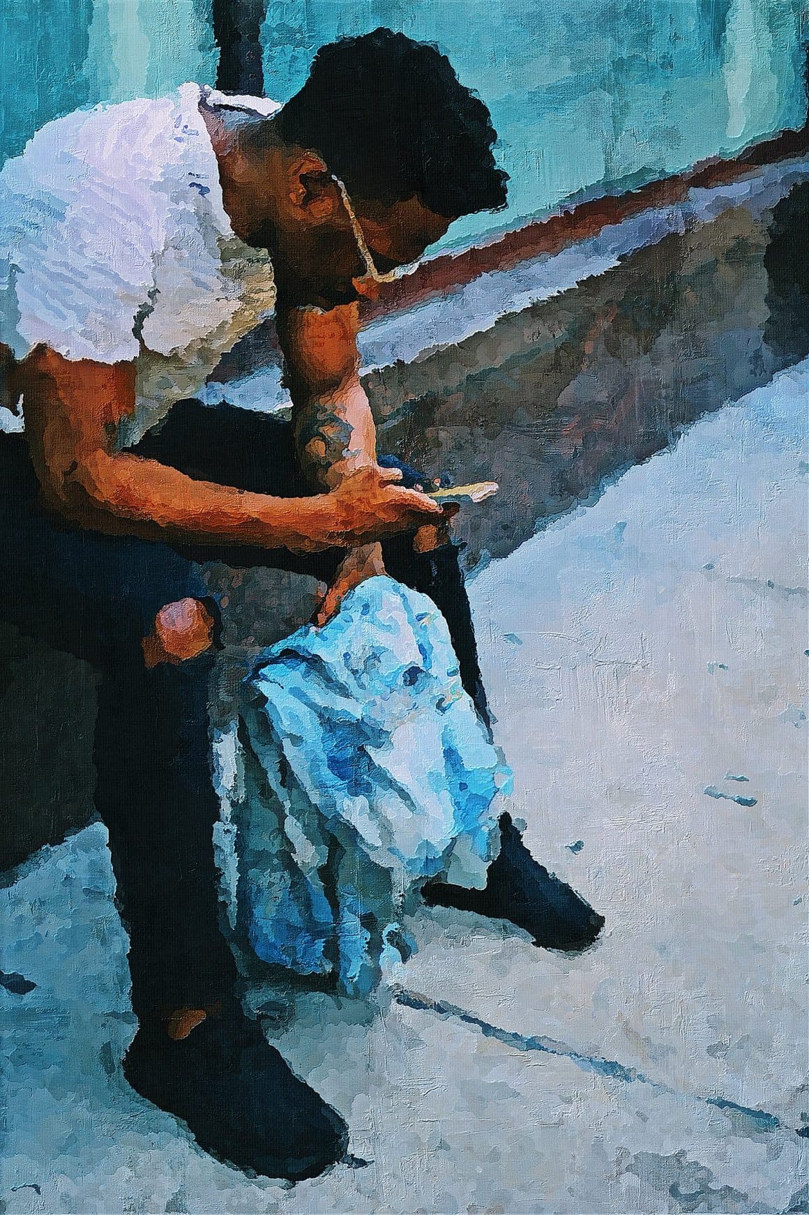 Photo of a man playing on the phone processed in Palette Knife Photoshop Action.