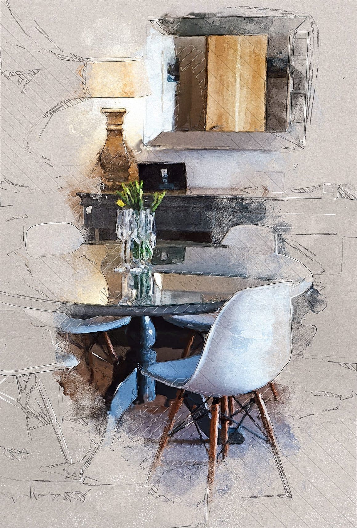 The watercolor image of the interior was created in Photoshop.