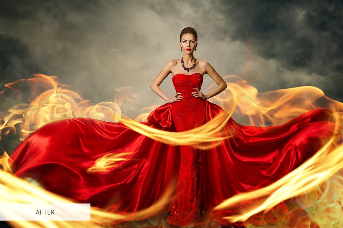 Image of a girl in a red dress in the middle of a fire.