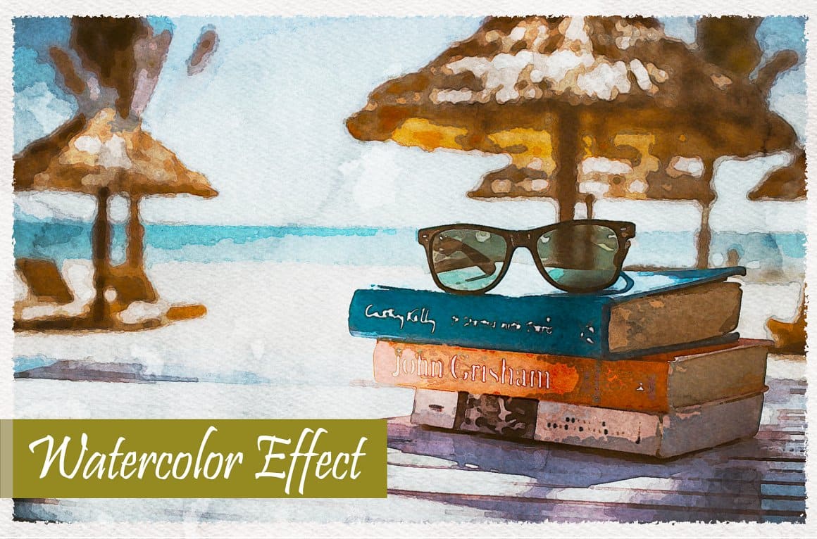 An image of books with glasses on them with the use of a watercolor effect.