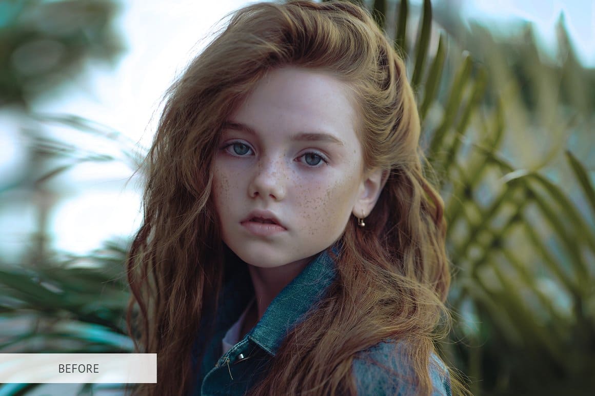 A red-haired girl in a denim shirt is shown in the photo.