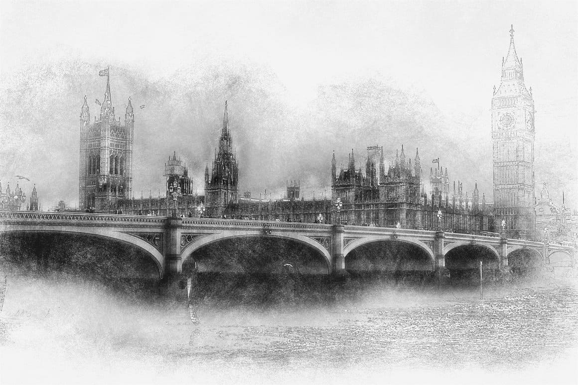 The most famous landscape in Britain is drawn in gray pencil.